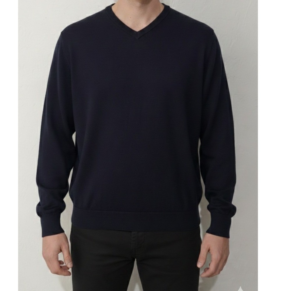 E-Luxe Mens XL Navy Blue Extra Fine Merino Wool V-Neck Sweater‎ Knit Pullover